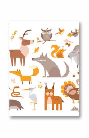 Big cartoon set of funny wild forest animals and birds.