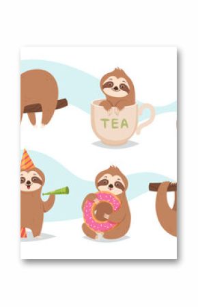 Asleep sloths. Cute baby wild sloths animals hanging branches in relaxing poses exact vector illustrations set