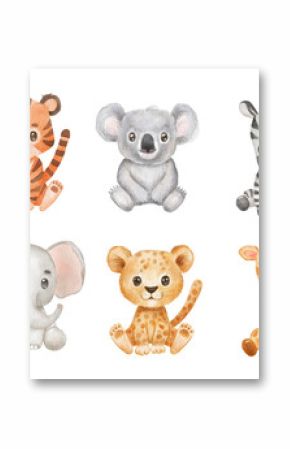 Cute portraits tiger, koala, elephant in cartoon style. Drawing african baby zebra and giraffe isolated on white background. Set of sitting Jungle animals