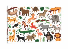 Jungle animals bungle, tropical felines set, dancing giraffe and zebra, sleeping jaguar, toucan and macaw parrot flying in rainforest, isolated vector illustrations, cute characters for children