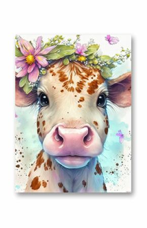 watercolor, baby animals, nursery, nursery decor, wall art, digital art, ai generated, cow with flowers, floral crown