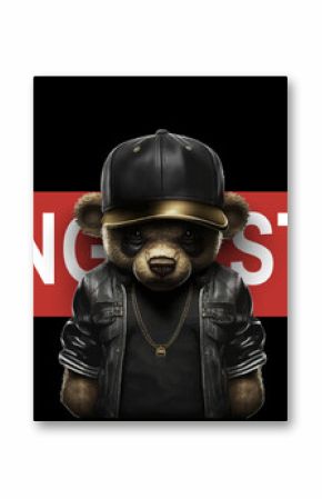 Cute, funny teddy bear in a cap and with a chain on a black background. Gangster kars slogan with a bear doll. Vector illustration