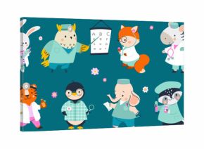 Cartoon animals doctors, funny animals with medical tools, stethoscope and syringe. Kids cute nurses in hospital, nowaday vector characters
