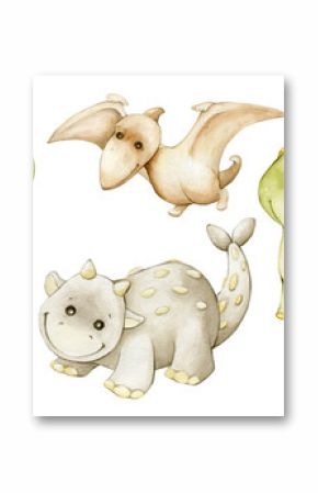 Cute dinosaurs, in cartoon style, painted in watercolor. Prehistoric animals of pastel colors, on an isolated background.