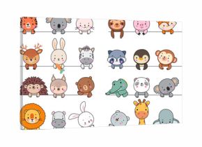 Animal looking out lines, animals funny banners for wall stickers. Koala, cat and panda, cartoon funny elephant and sloth, nowaday vector graphic