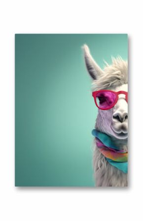 Creative animal concept. Llama in sunglass shade glasses isolated on solid pastel background, commercial, editorial advertisement, surreal surrealism