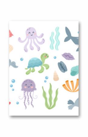 Set of cute marine animals in flat cartoon style. Sea life, ocean design elements for printing, poster, card. Vector illustration