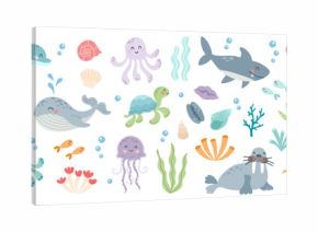 Set of cute marine animals in flat cartoon style. Sea life, ocean design elements for printing, poster, card. Vector illustration