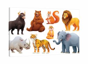 Set of animals vector cartoon illustration. Bull, bear, squirrel, lion, rhino, tiger, cat and elephant