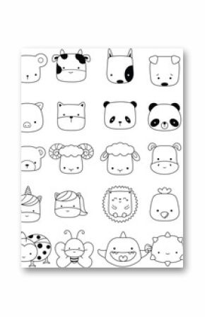 Face animal cartoon set animal cartoon Woodland Animals Coloring Forest , animal cartoon,Head Animal, Big collection of decorative for kids,baby characters,card,hand drawn, cartoon style.vector 