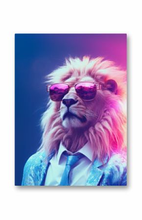 Generative AI illustration of stylish white cat in trendy sunglasses and outfit looking at camera against two colored background
