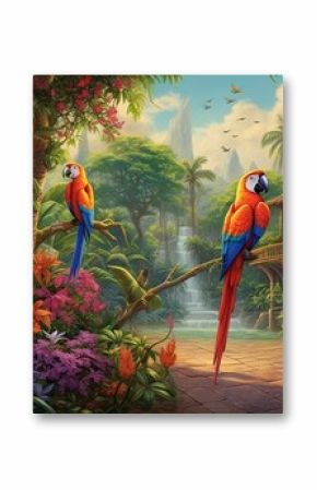  a painting of two parrots sitting on a tree branch.  generative ai