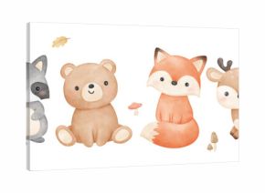 Cute woodland animal Fox Bear Deer For nursery birthday kids Print for invitation card Poster Template