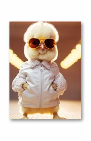 little chicken wearing sunglasses and standing near an egg, overexposure effect, modern, light white and light amber