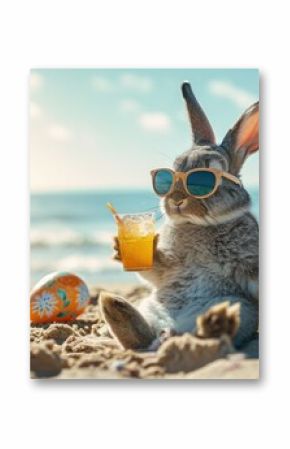Cool Easter bunny on vacation on the beach with a cocktail.