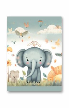 Pastel painting cartoon elephant nature animal in park garden, childish design style.