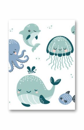 Vector illustration collection in children's Scandinavian style. Orca dolphin dolphin crab jellyfish octopus fish turtle shark seahorse. Vector illustration