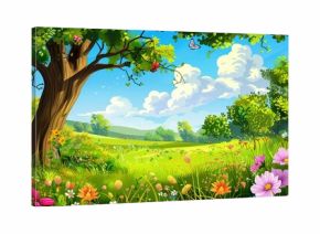 cartoon summer scene with meadow in the forest illustration for children