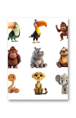 Assorted cartoon animal characters isolated on a transparent background, including a parrot, hippo, toucan, orangutan, and more, ideal for children's content and educational material