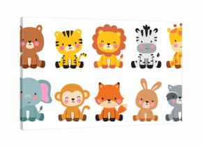 Cute wild animals cartoon sitting vector illustration. Baby shower woodland animals set including a bear, tiger, lion, zebra, giraffe, elephant, monkey, fox, rabbit, and raccoon.