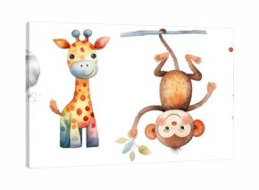 Set of watercolor cute baby african animals isolated on white background.