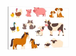Farm animals with their baby. Cartoon pet animal family. Mothers and kids. Domestic parents and children. Mom pig with piglet, cute cow and calf. Vector set