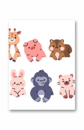 Peeking animals set. Happy baby bear, bunny, cat, elephant, lion and koala characters. Cute funny kawaii curious cubs looking, peeping. Kids flat vector illustration isolated on white background