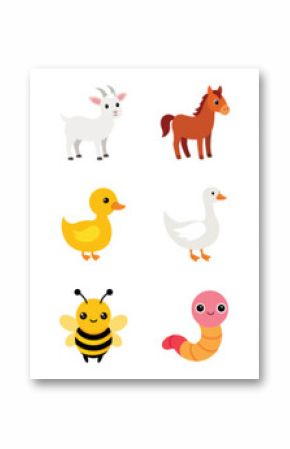 Collection of Cute Farm and domestic Animals Icons, vector flat cartoon illustration - cow, chicken, duck, goat, sheep, horse, pig, dog, cat, bee, llama, donkey.