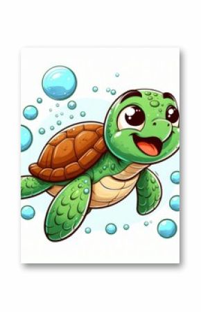 funny cute turtle cartoon caricature swimming in the ocean