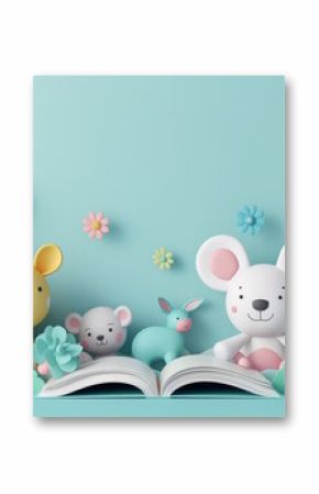 Cute cartoon animals and an open book on a pastel background, concept of children's stories and education, book lovers day