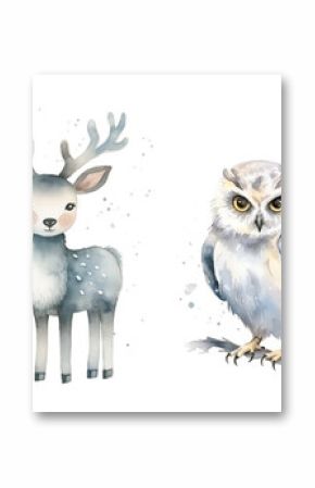 Watercolor set withwinter animals: fox, deer, owl, and polar bear isolated on white background.
