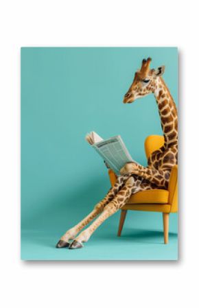 A giraffe sits in a bright yellow chair with a newspaper in his hands reading the news against a blue wall. The concept of curiosity and intelligence. The scene is lighthearted and funny. Copy space