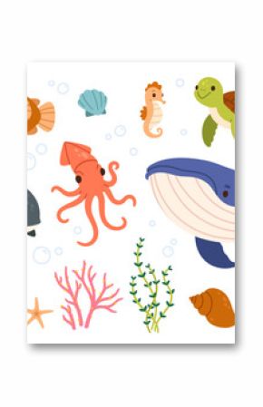 Sea animals. Ocean underwater aqua life. Marine wild animal. Childish tropical colorful fish, coral, algae and exotic elements. Funny whale, starfish, octopus, shrimp. Vector set.