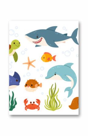 Sea life. Cartoon ocean underwater animals. Cute water fish, sea horse, crab, shark, dolphin, turtle, happy jellyfish. Marine wildlife creatures. Kids vector illustration.