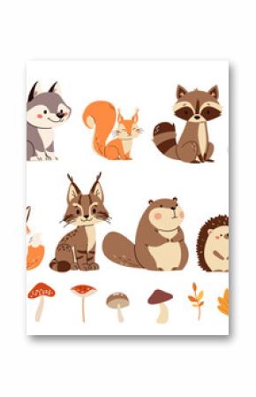 Set of flat vector illustrations. Forest animals, bear mouse hare elk deer hedgehog fox squirrel raccoon beaver lynx owl mushrooms, fall leaves . Vector illustration