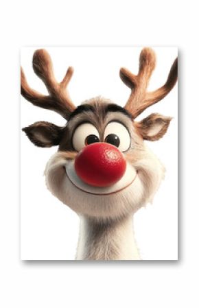 A cartoon reindeer with a red nose and a smile on its face