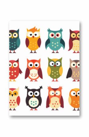 A collection of twelve cartoon owls in various colors and styles, each with unique expressions and features.