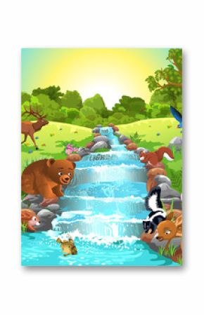 animals drinking water from the brook
