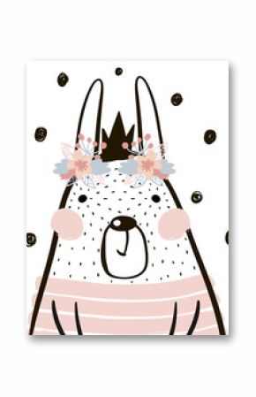 Śliczna kreskówka królika dziewczyna z koroną w skandynawskim stylu. Dziecinny nadruk do pokoju dziecinnego, ubrania dla dzieci, plakat, pocztówka. Ilustracja wektorowa