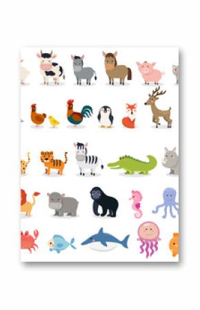 Kolekcja uroczych zwierzątek: zwierzęta gospodarskie, dzikie zwierzęta, zwierzęta marina na białym tle. Szablon projektu ilustracji
