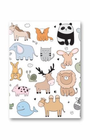 Vector cartoon big set of cute doodle animals