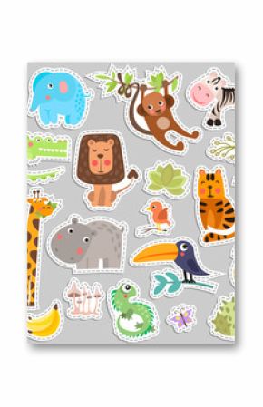 Cute set of stickers of safari animals and flowers. Savanna and safari funny cartoon sticker animals. Jungle animals vector set of sticker elements. Crocodile, giraffe, lion and monkey, and other