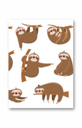 Cute cartoon sloths. Adorable rainforest animals, mother and baby on branch, funny sloth animal sleeping on jungle tree vector set