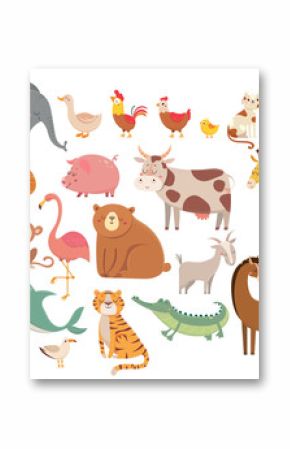 Cartoon animals. Cute elephant and lion, giraffe and crocodile, cow and chicken, dog and cat. Farm and savanna animals vector set