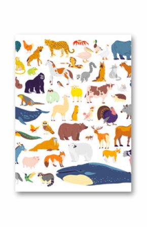 Big vector set of different world wild animals, mammals, fish, reptiles and birds. Rare animals. Funny flat characters, good for banners, prints, patterns, infographics, children book illustration etc