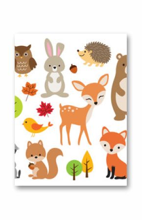 Ilustracja wektorowa ślicznych leśnych zwierząt leśnych, w tym jelenia, królika, jeża, niedźwiedzia, lisa, szopa pracza, ptaka, sowy i wiewiórki.