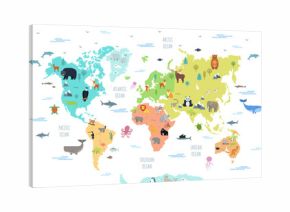 World map with wild animals living on various continents and in oceans. Cute cartoon mammals, reptiles, birds, fish inhabiting planet. Flat colorful vector illustration for educational poster, banner.