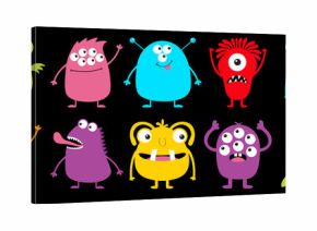 Happy Halloween. Monster colorful round silhouette icon super big set line. Cute cartoon kawaii scary funny baby character. Eyes, tongue, tooth fang, hands up. Black background. Flat design.
