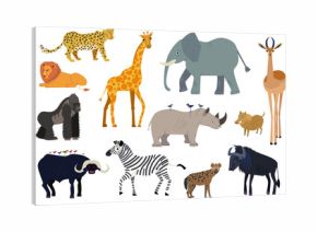 African animals, set of isolated cartoon characters elephant, giraffe and rhino, vector illustration. Wildlife animal of Africa, exotic safari travel. Lion, zebra, gorilla, antelope and hyena isolated