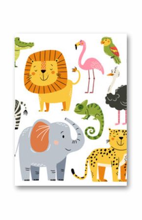 A set of flat vector illustrations in a simple children's style. Animals of safari and africa. Cute elephant giraffe tiger leopard lion parrot ostrich flamingo crocodile chameleon zebra monkey on